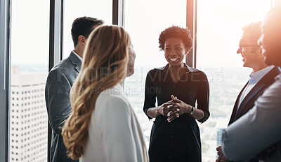 Buy stock photo Meeting, conversation and business people in office for planning with company budget, revenue or profit. Discussion, diversity and financial advisors group with  corporate stock investment strategy.