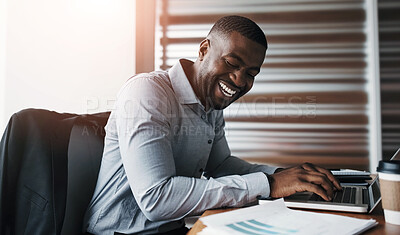 Buy stock photo Office, happy and black man with laptop for typing, reading and networking via email with contact. Professional, career and male analyst for corporate company with computer, connection and technology