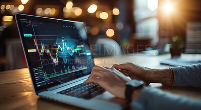 Stock market, screen and laptop finance background for business, economy and global inflation. Hand, typing or marketing strategy graphic wallpaper for banking, investment growth or forex trading