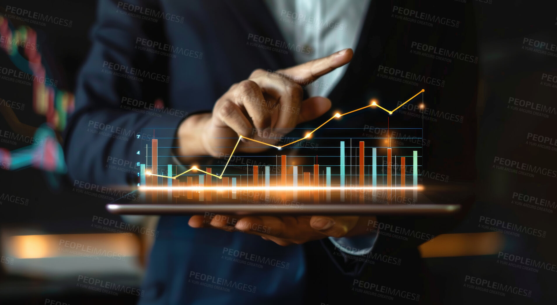 Buy stock photo Tablet, graph and info graphics 3d design for data analysis, seo tools or statistics background. Colourful, illustration and bar graphic for marketing strategy, stock market and trading wallpaper