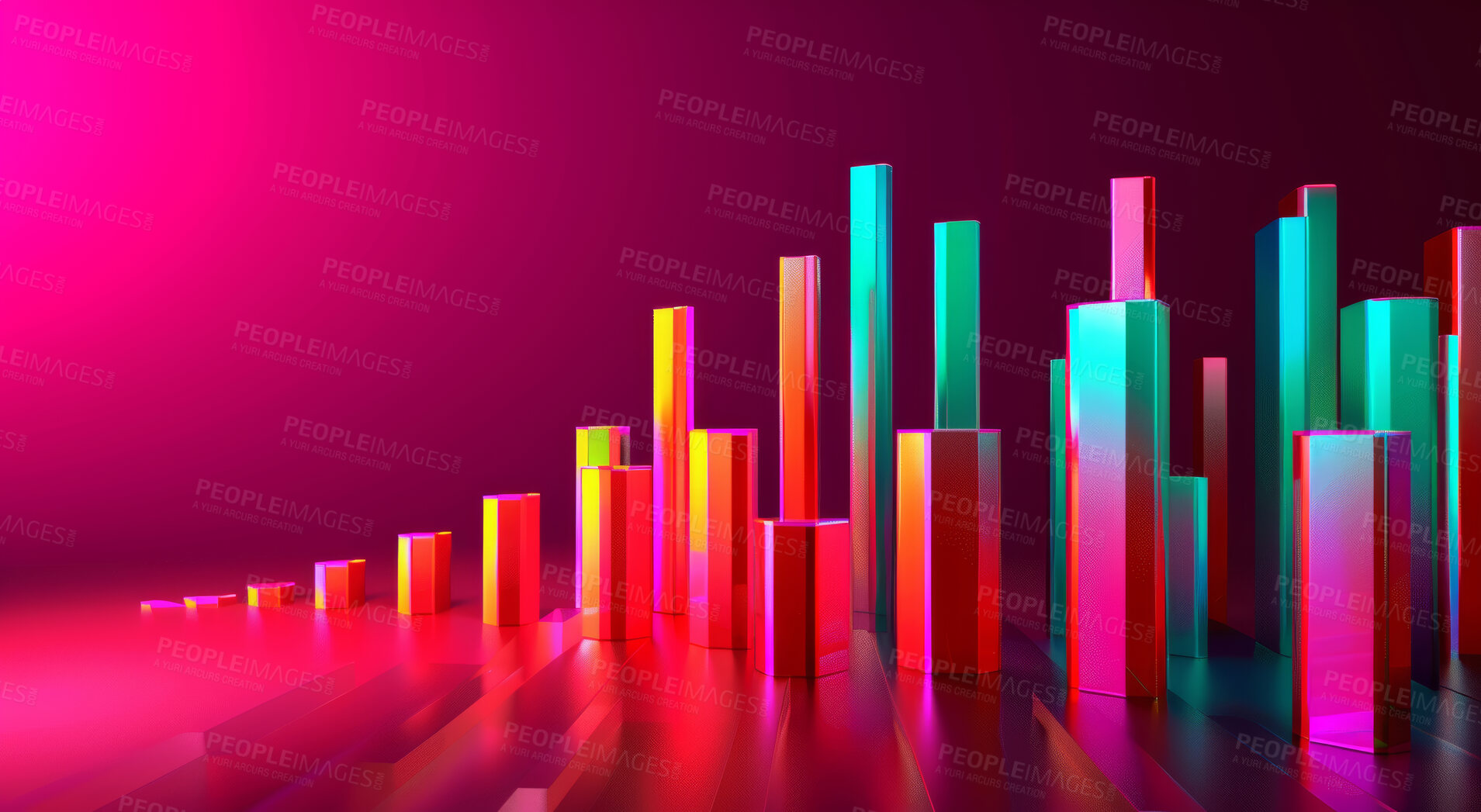 Buy stock photo Chart, graph and info graphics 3d design for data analysis, seo tools or statistics background. Colourful, illustration and bar graphic for marketing strategy, stock market and trading wallpaper