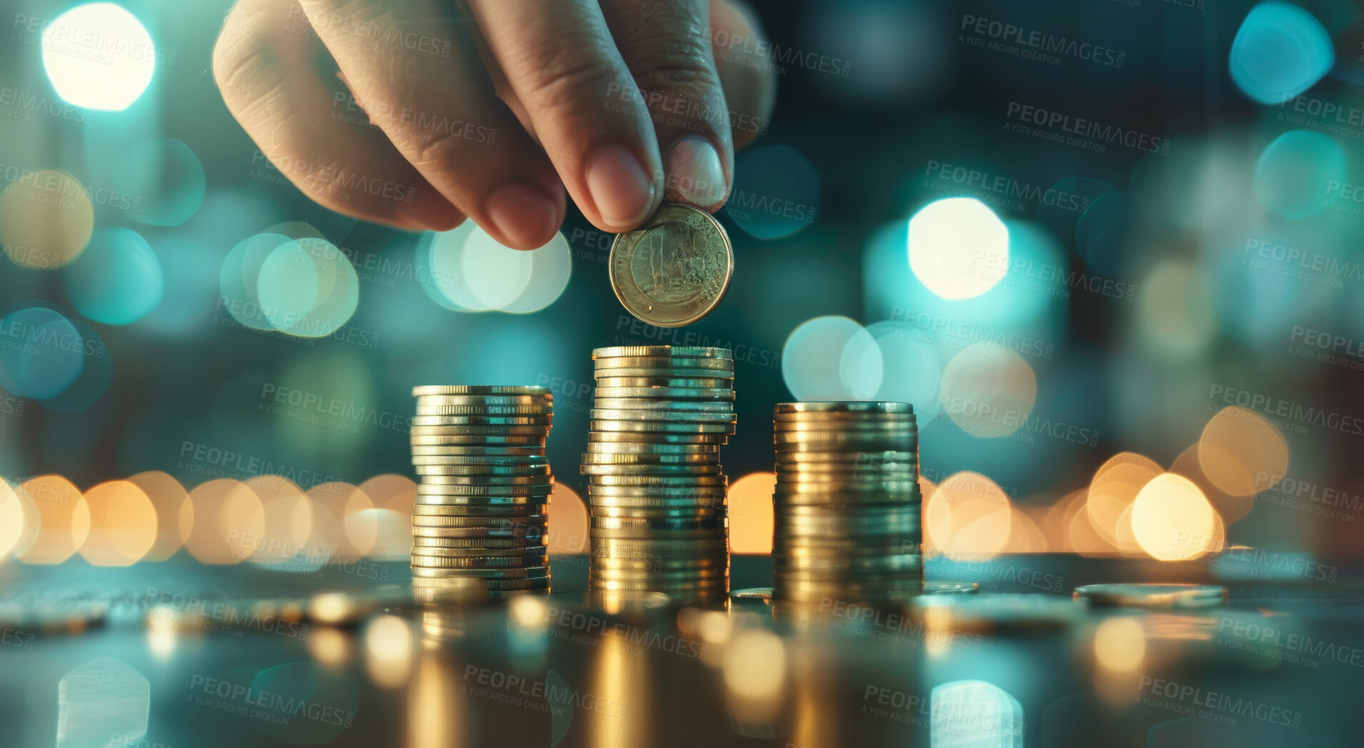 Buy stock photo Hand, coins and finance background design for business, economy and global inflation. Graphic, stack or counting savings  wallpaper or backdrop for banking, investment growth and forex trading.