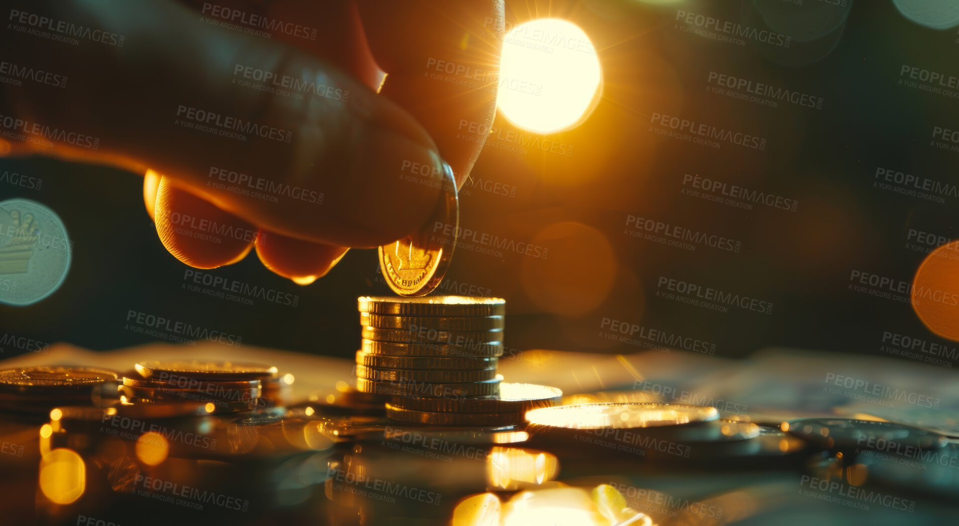 Buy stock photo Hand, coins and finance background design for business, economy and global inflation. Graphic, stack or counting savings  wallpaper or backdrop for banking, investment growth and forex trading.