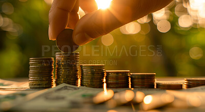 Hand, coins and finance background design for business, economy and global inflation. Graphic, stack or counting savings wallpaper or backdrop for banking, investment growth and forex trading.