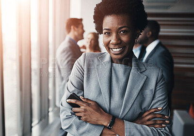 Buy stock photo Conference, smile and portrait of woman with confidence, professional pride and career development opportunity. About us, arms crossed and business people in office networking at management seminar.