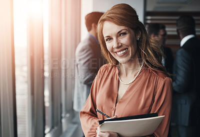 Buy stock photo Smile, documents and portrait of business woman in office with team for company budget report. Happy, paperwork and mature female financial manager with corporate revenue, profit or investment file.