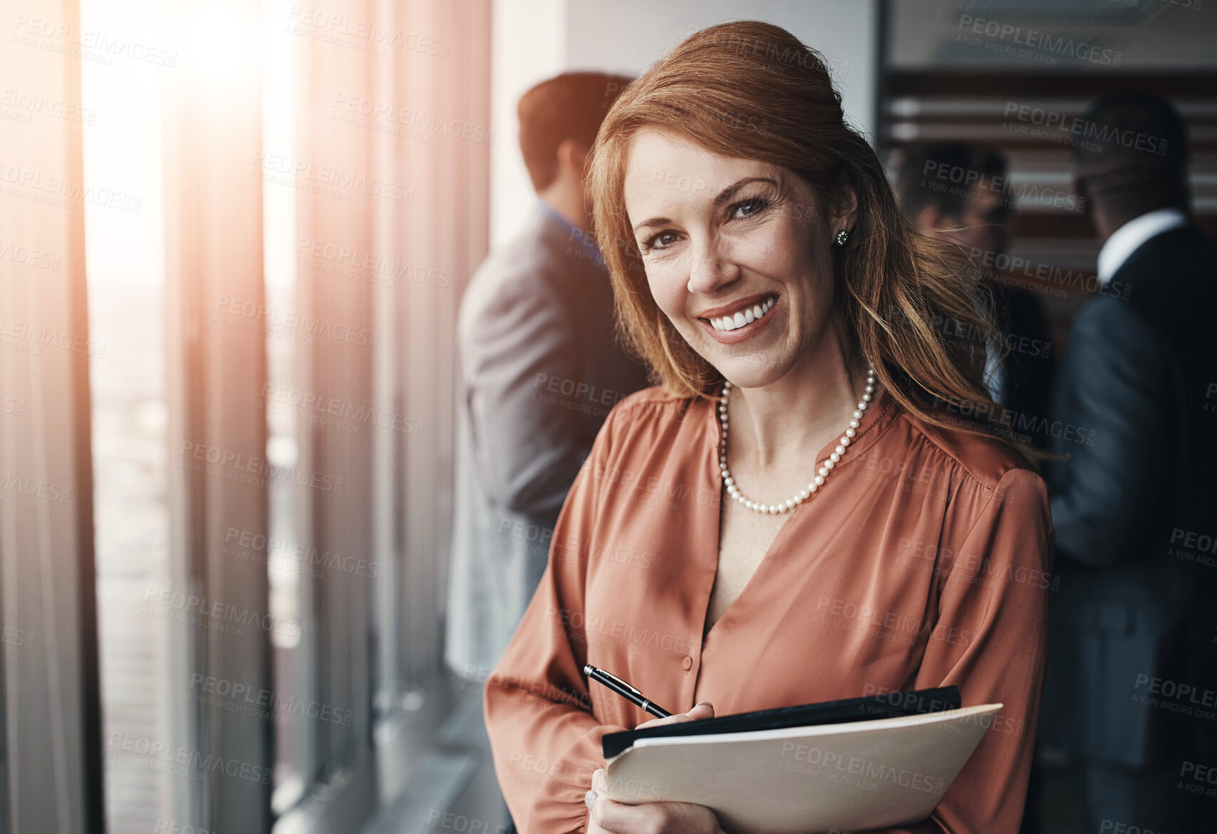 Buy stock photo Smile, documents and portrait of business woman in office with team for company budget report. Happy, paperwork and mature female financial manager with corporate revenue, profit or investment file.