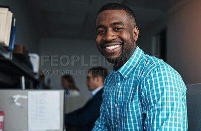 Buy stock photo Smile, portrait and black man in office with pride for startup company with creative project. Happy, confident and face of African male graphic designer working by desk with growth in career.