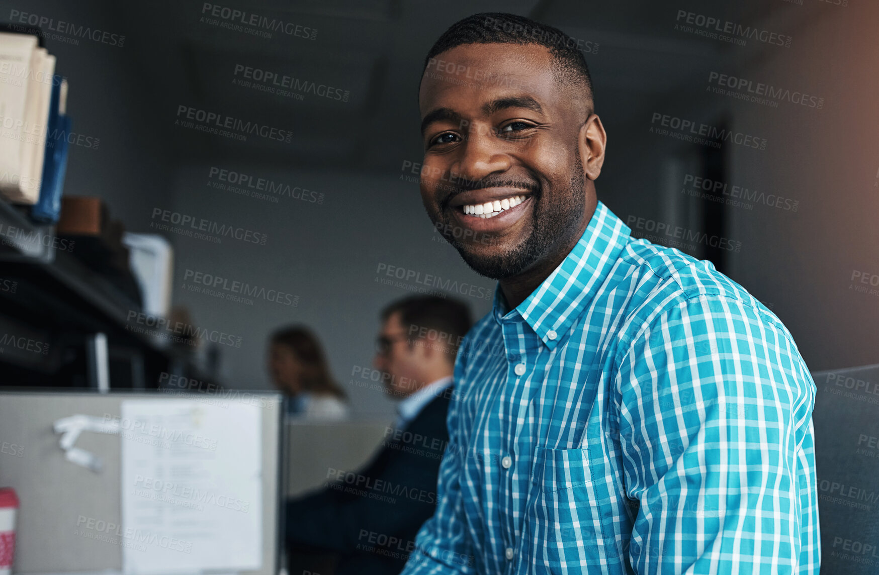 Buy stock photo Smile, portrait and black man in office with pride for startup company with creative project. Happy, confident and face of African male graphic designer working by desk with growth in career.