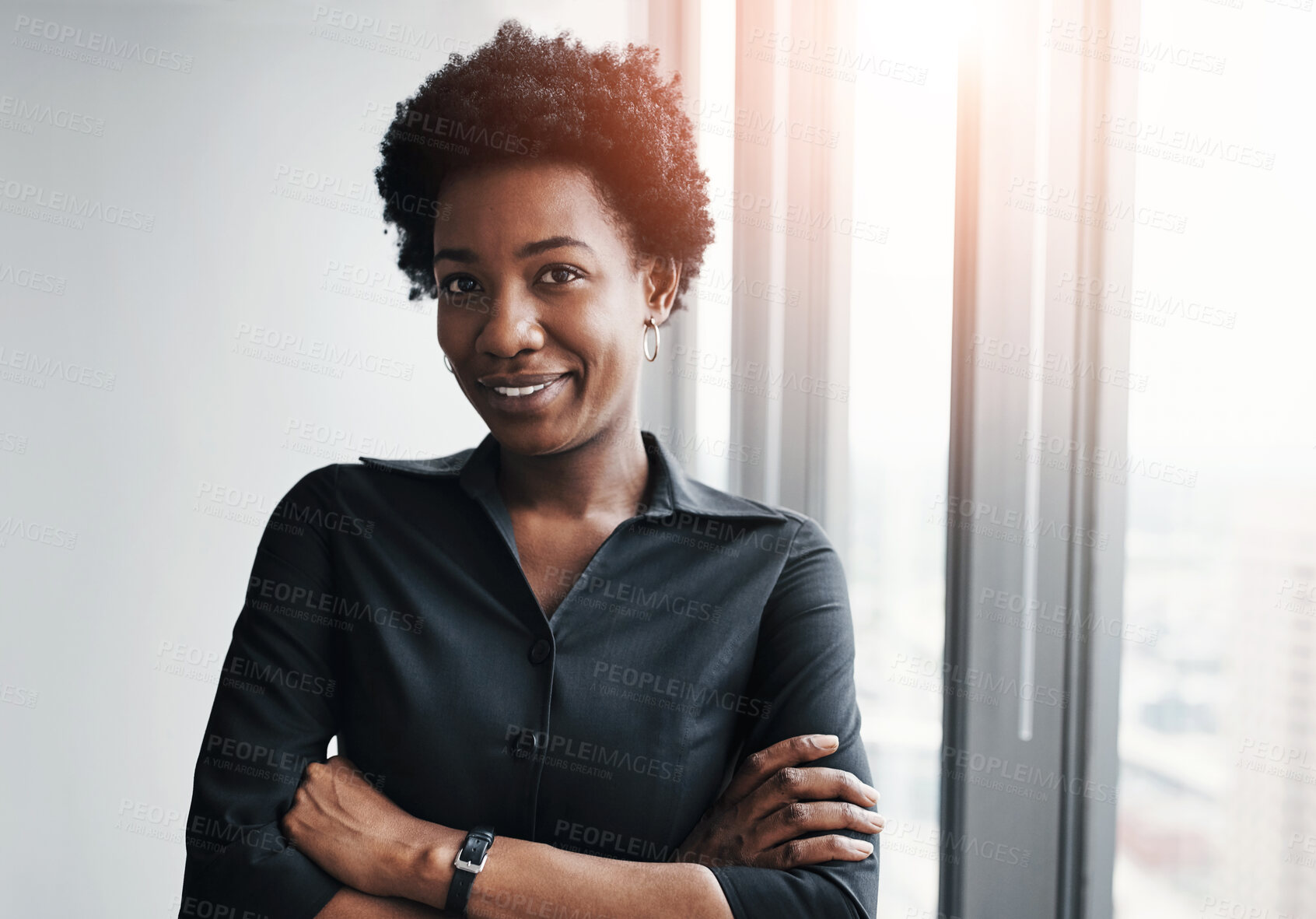 Buy stock photo Business, black woman and portrait with arms crossed in office, confidence and pride for corporate company. Professional, career and female employee as hr manager for admin tasks, job and management