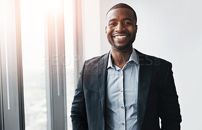 Buy stock photo Portrait, smile and business with black man in office, corporate professional and career ambition. African person, face and entrepreneur with investment company, confidence and pride for consultant