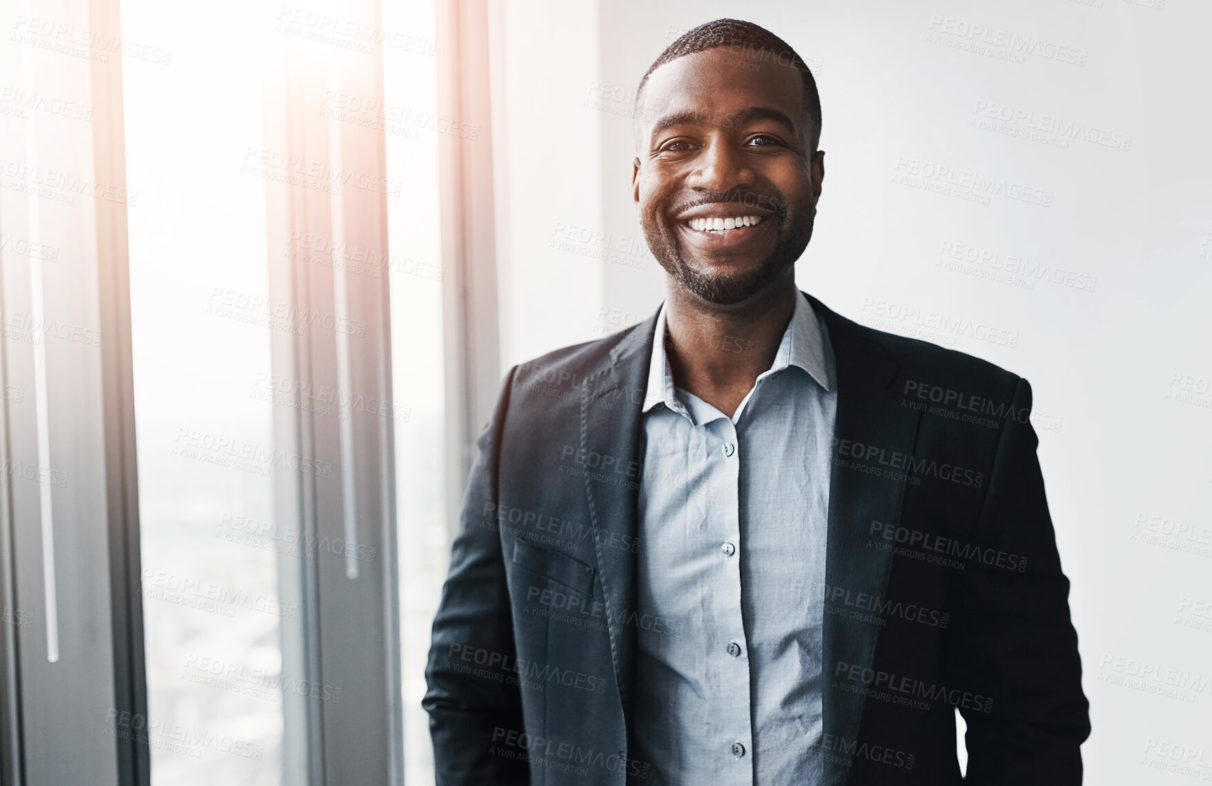 Buy stock photo Portrait, smile and business with black man in office, corporate professional and career ambition. African person, face and entrepreneur with investment company, confidence and pride for consultant