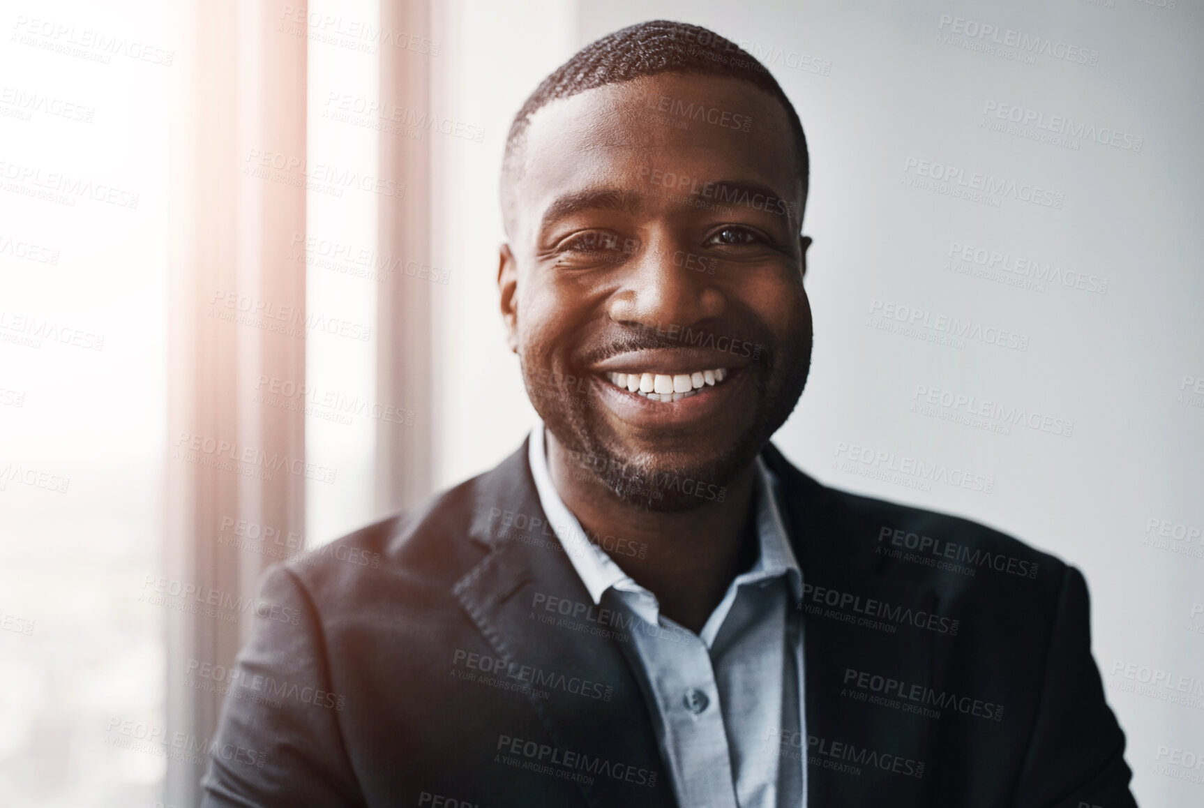 Buy stock photo Business, smile and portrait of black man with confidence, trust and professional career at consultancy. About us, entrepreneur businessman in office with happy face, pride and opportunity at startup