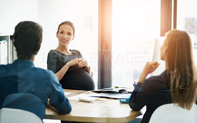 Buy stock photo Business, meeting and pregnant woman in office with team, discussion and planning for b2b collaboration. Pregnancy, consultant and clients at desk together for conversation, networking and management