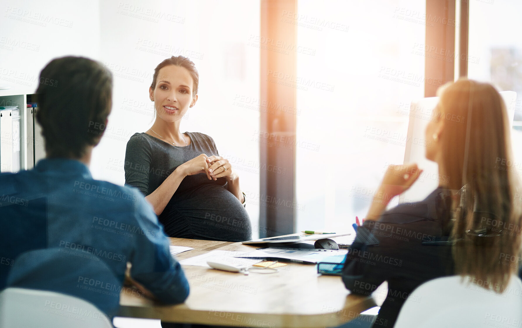 Buy stock photo Business, meeting and pregnant woman in office with team, discussion and planning for b2b collaboration. Pregnancy, consultant and clients at desk together for conversation, networking and management