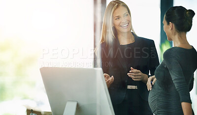 Buy stock photo Business, teamwork and pregnant woman in office with computer, discussion and planning at digital agency. Pregnancy, consultant and manager at desk together for conversation, advice and collaboration