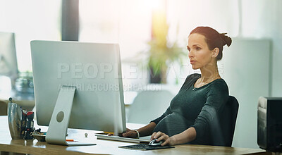 Buy stock photo Pregnant, computer and business woman in office for website, internet project and administration career. Pregnancy, corporate and person on pc for working, planning and online information at desk