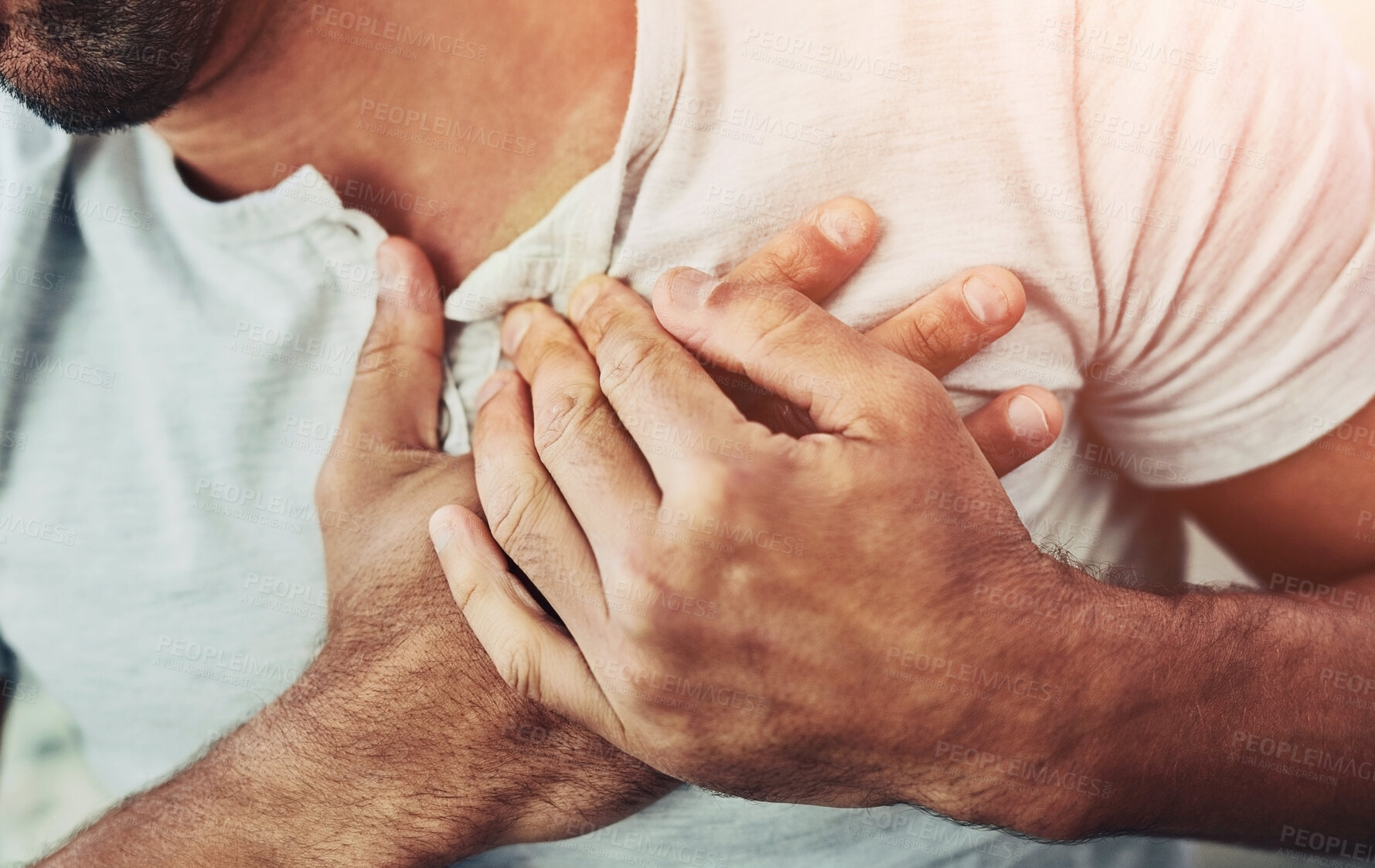 Buy stock photo Hands, chest and man with heart attack in house with anatomy, risk or body emergency closeup. Asthma, fail and male person with lung crisis, breathing or panic disaster, heartburn and indigestion