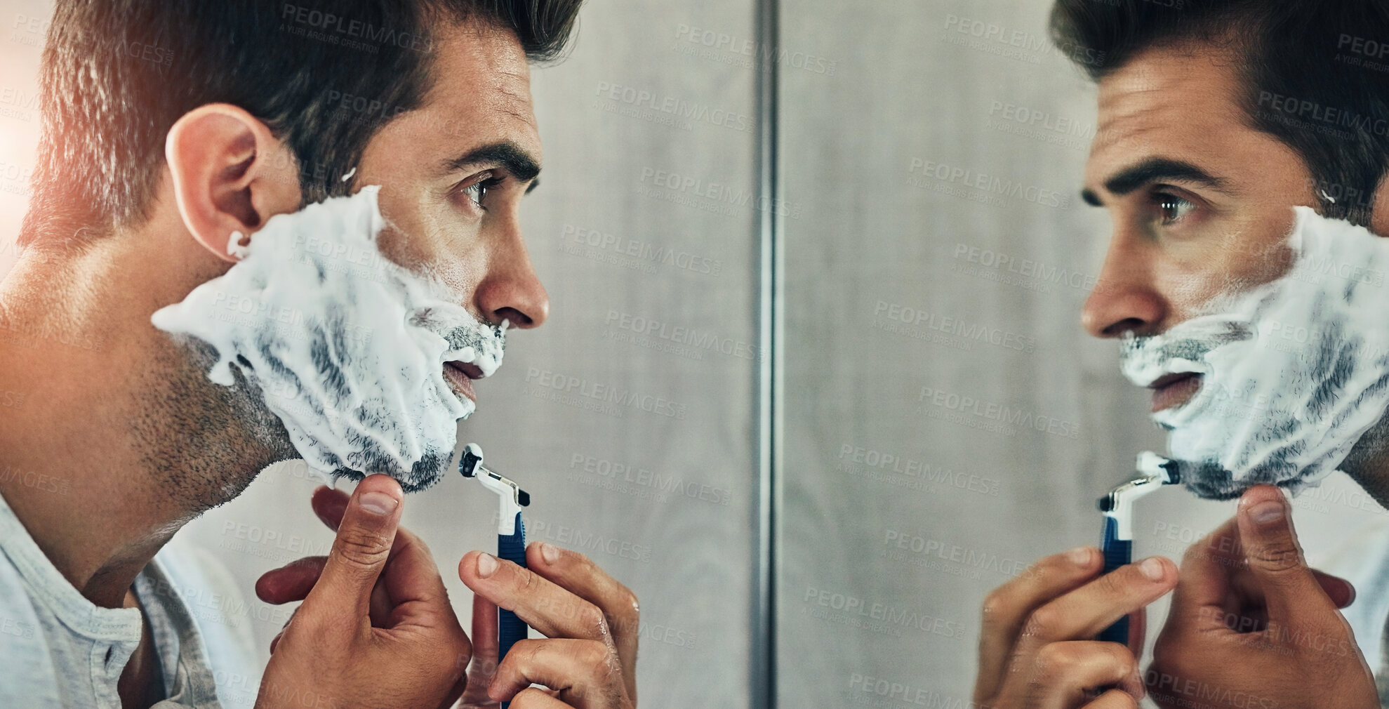 Buy stock photo Man, mirror and foam for shaving in bathroom, skincare and hair removal for cleaning in home. Male person, reflection and soap or cream for grooming beard, cosmetics and blade for facial treatment