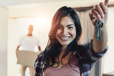 Buy stock photo House keys, portrait or happy woman in new home for property, investment or moving in success. Real estate, mortgage or couple in apartment building with box, support or excited for sale or ownership