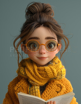 Cartoon girl, 3D and illustration for animation with book. Character or studio concept for mock up. Realistic, innovative rendering. Graphic, design and creative inspiration in cutting-edge visuals.