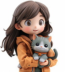 Cartoon girl, 3D and illustration for animation with cat. Character or studio concept for mock up. Realistic, innovative rendering. Graphic, design and creative inspiration in cutting-edge visuals.