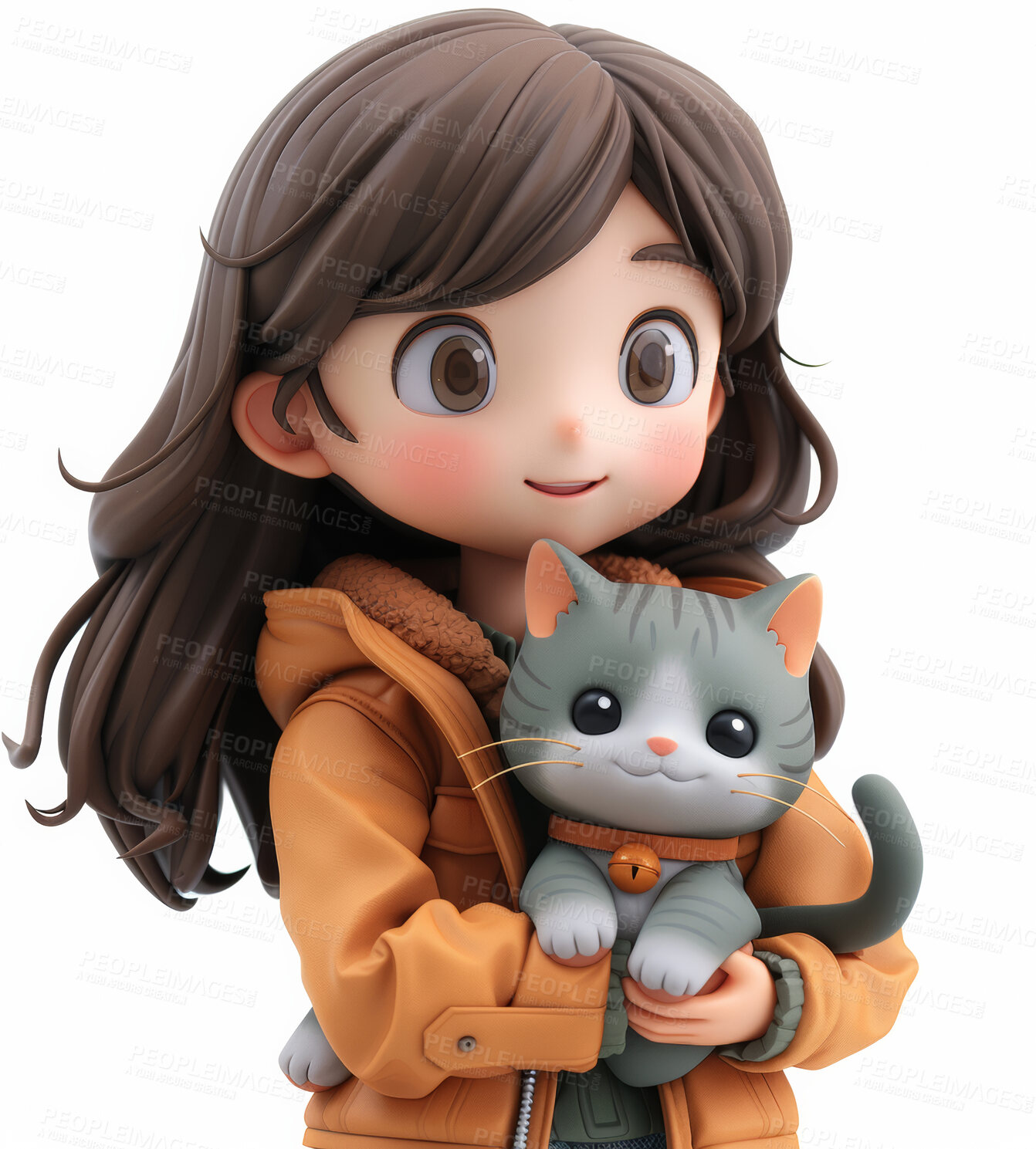 Buy stock photo Cartoon girl, 3D and illustration for animation with cat. Character or studio concept for mock up. Realistic, innovative rendering. Graphic, design and creative inspiration in cutting-edge visuals.