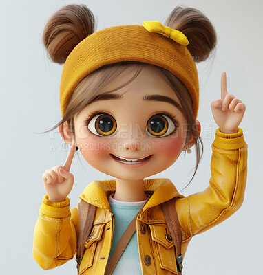 Cartoon, 3D and illustration for animation point up. Character or studio concept for mock up. Realistic, innovative rendering. Graphic, design and creative inspiration in cutting-edge visuals.