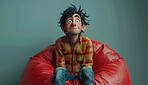 Cartoon male, 3D and illustration on bean bag animation. Character or studio concept for mock up. Realistic, innovative rendering. Graphic, design and creative inspiration in cutting-edge visuals.