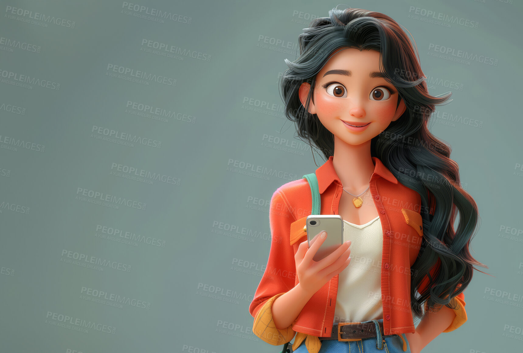 Buy stock photo Cartoon girl, 3D and illustration for animation on backdrop. Character or studio concept for mock up. Realistic, innovative rendering. Graphic, design and creative inspiration in cutting-edge visuals.