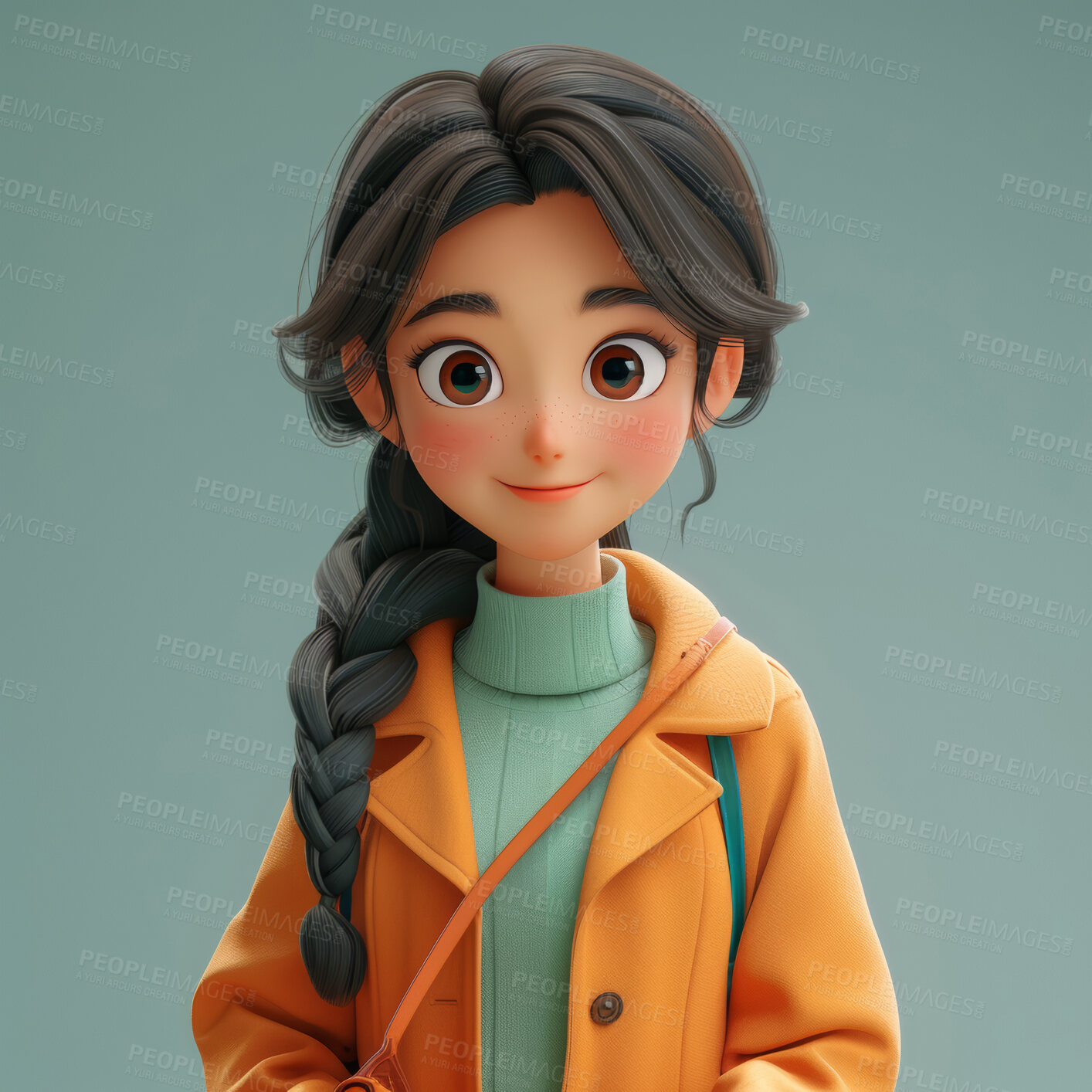 Buy stock photo Cartoon girl, 3D and illustration for animation on backdrop. Character or studio concept for mock up. Realistic, innovative rendering. Graphic, design and creative inspiration in cutting-edge visuals.