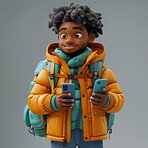 Black man, 3D and illustration for animation on backdrop. Character or studio concept for mock up. Realistic, innovative rendering. Graphic, design and creative inspiration in cutting-edge visuals.