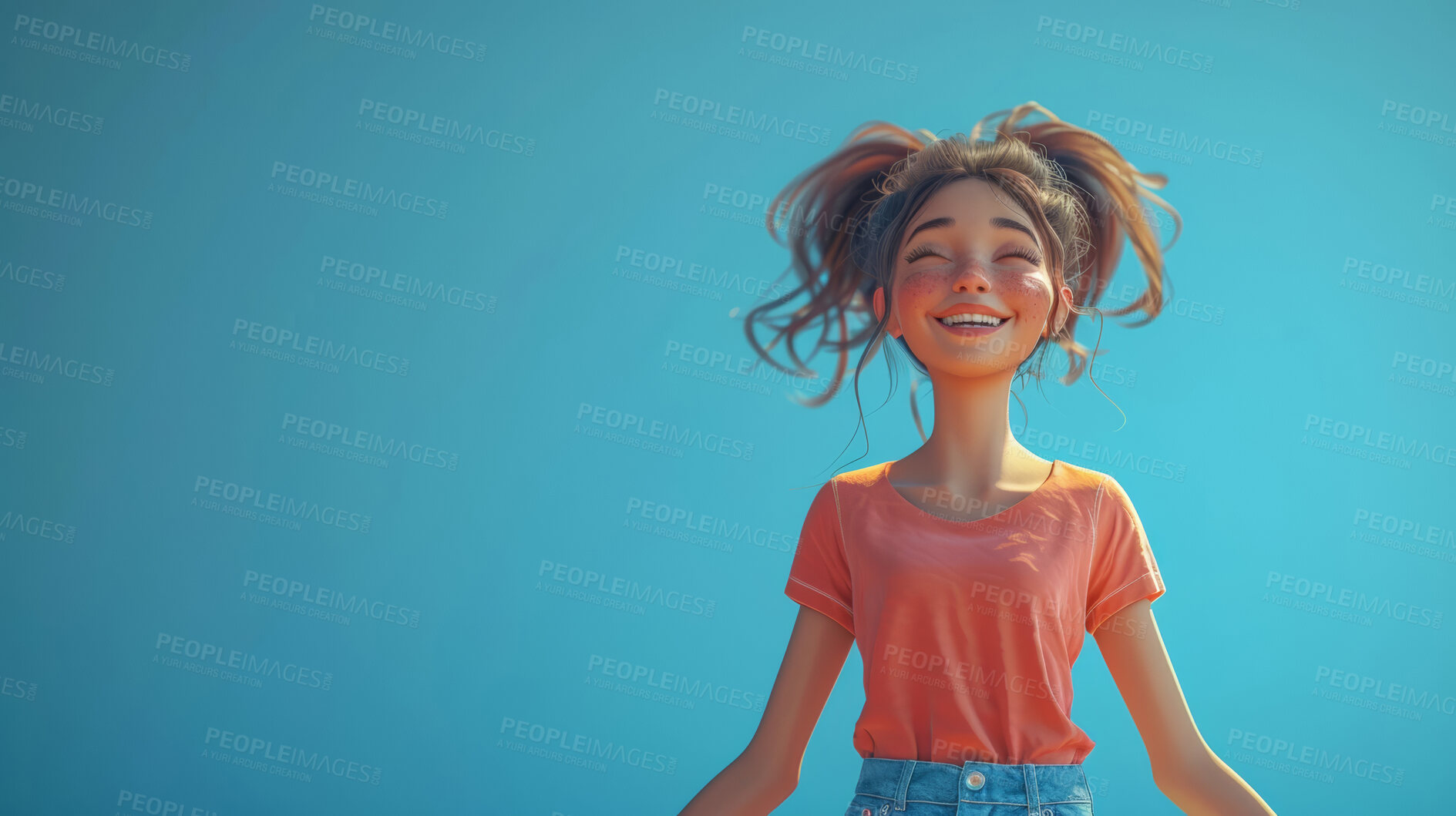 Buy stock photo Cartoon girl, 3D and illustration for animation on backdrop. Character or studio concept for mock up. Realistic, innovative rendering. Graphic, design and creative inspiration in cutting-edge visuals.