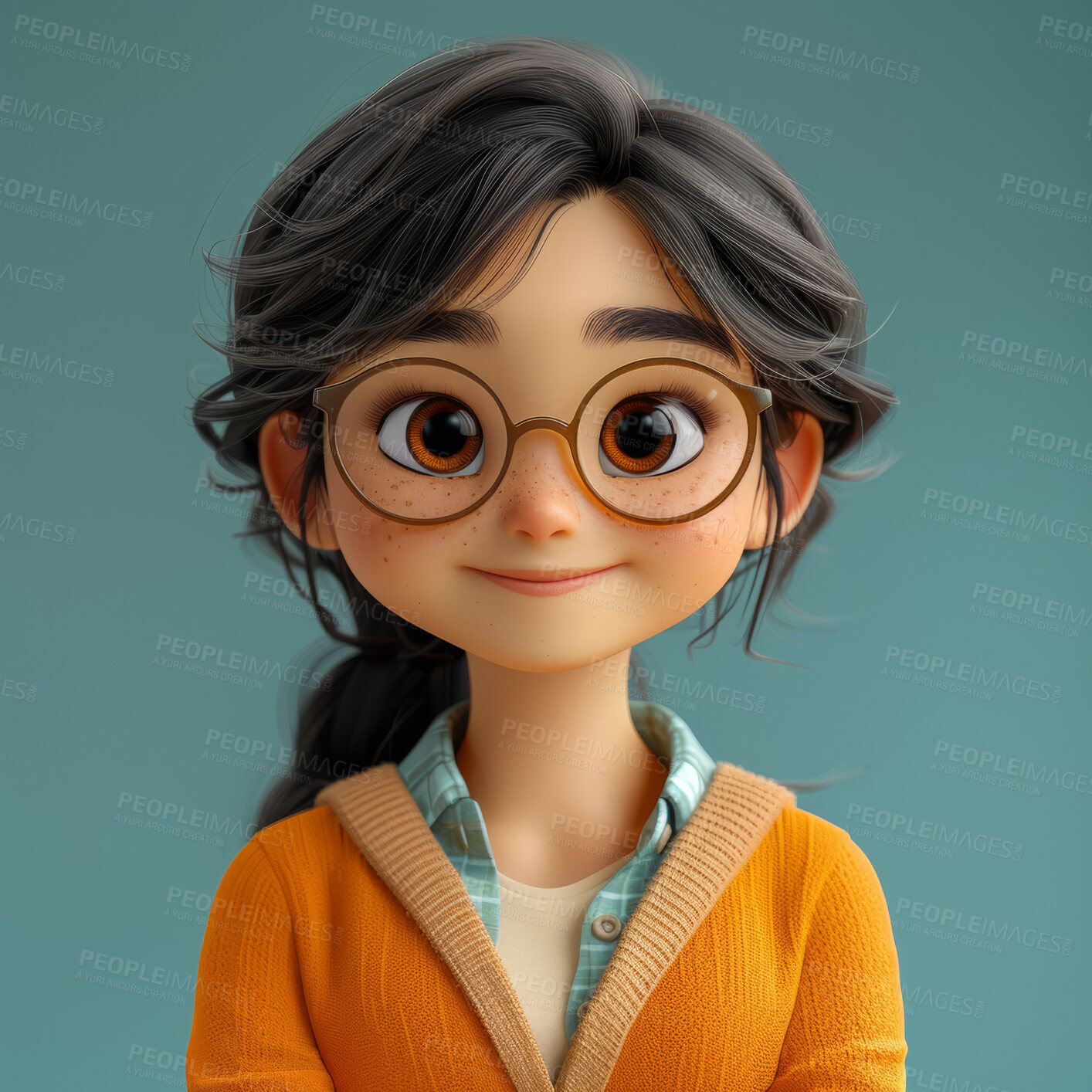 Buy stock photo Cartoon girl, 3D and illustration for animation on backdrop. Character or studio concept for mock up. Realistic, innovative rendering. Graphic, design and creative inspiration in cutting-edge visuals.