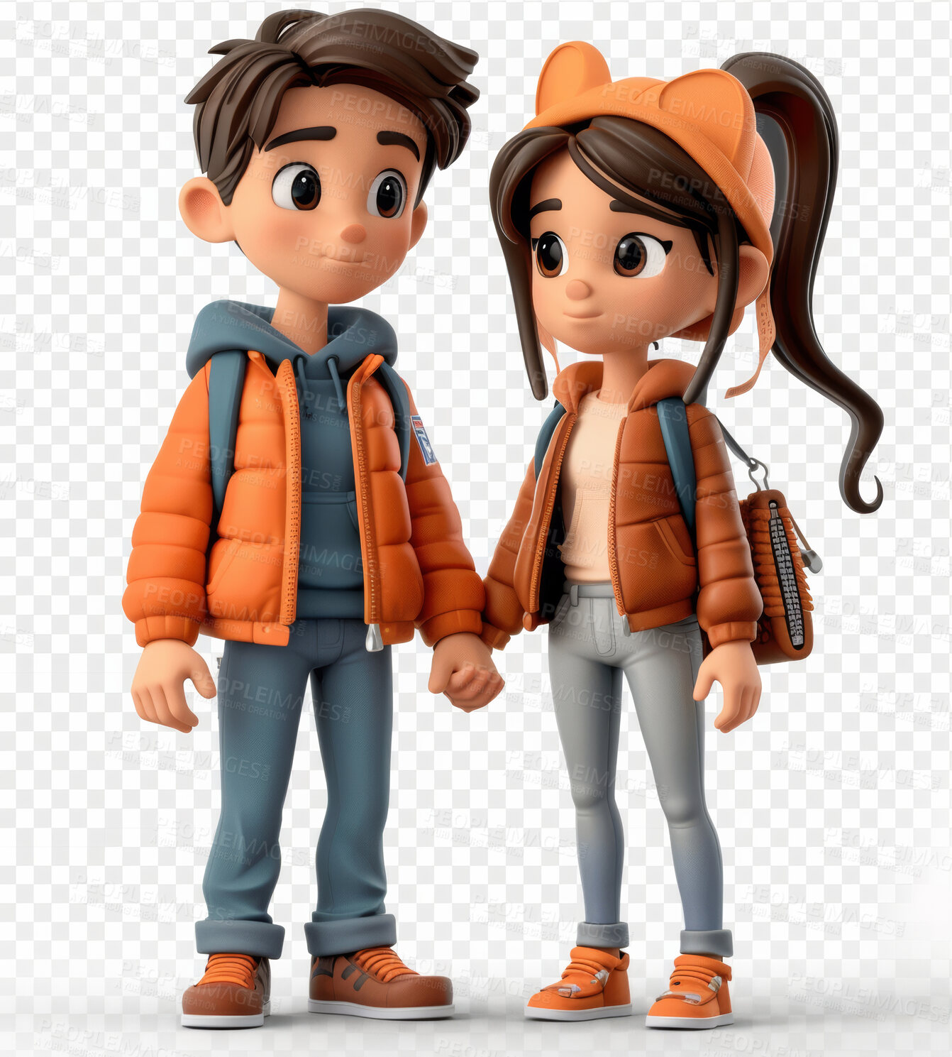 Buy stock photo Cartoon couple, 3D and illustration for animation on backdrop. Character or studio concept for mock up. Realistic, innovative rendering. Graphic, design and creative inspiration in cutting-edge visuals.