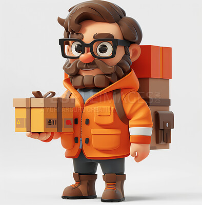 Cartoon, package and illustration for animation or delivery in 3d. Character or concept for mock up. Realistic, innovative rendering. Graphic, design and creative inspiration in cutting-edge visuals.