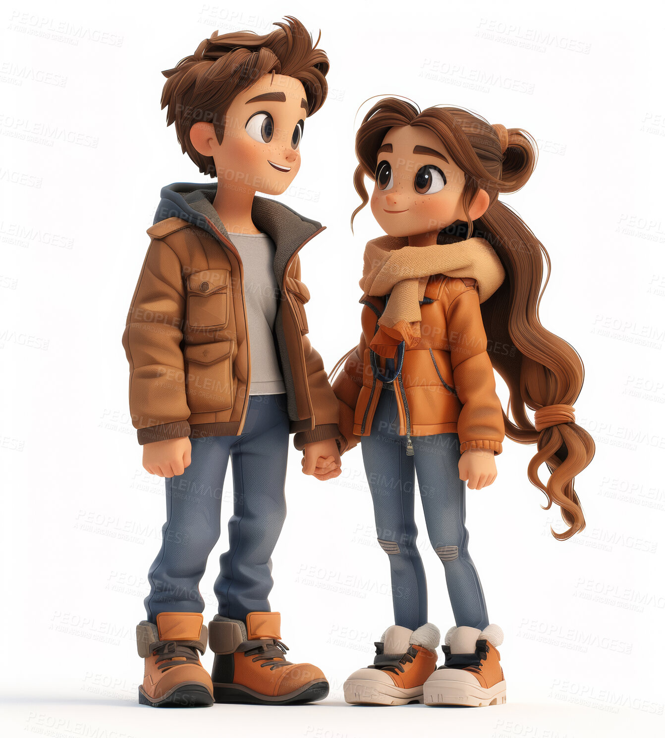 Buy stock photo Cartoon couple, 3D and illustration for animation on backdrop. Character or studio concept for mock up. Realistic, innovative rendering. Graphic, design and creative inspiration in cutting-edge visuals.