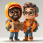 Cartoon, package and illustration for animation or delivery in 3d. Character or concept for mock up. Realistic, innovative rendering. Graphic, design and creative inspiration in cutting-edge visuals.