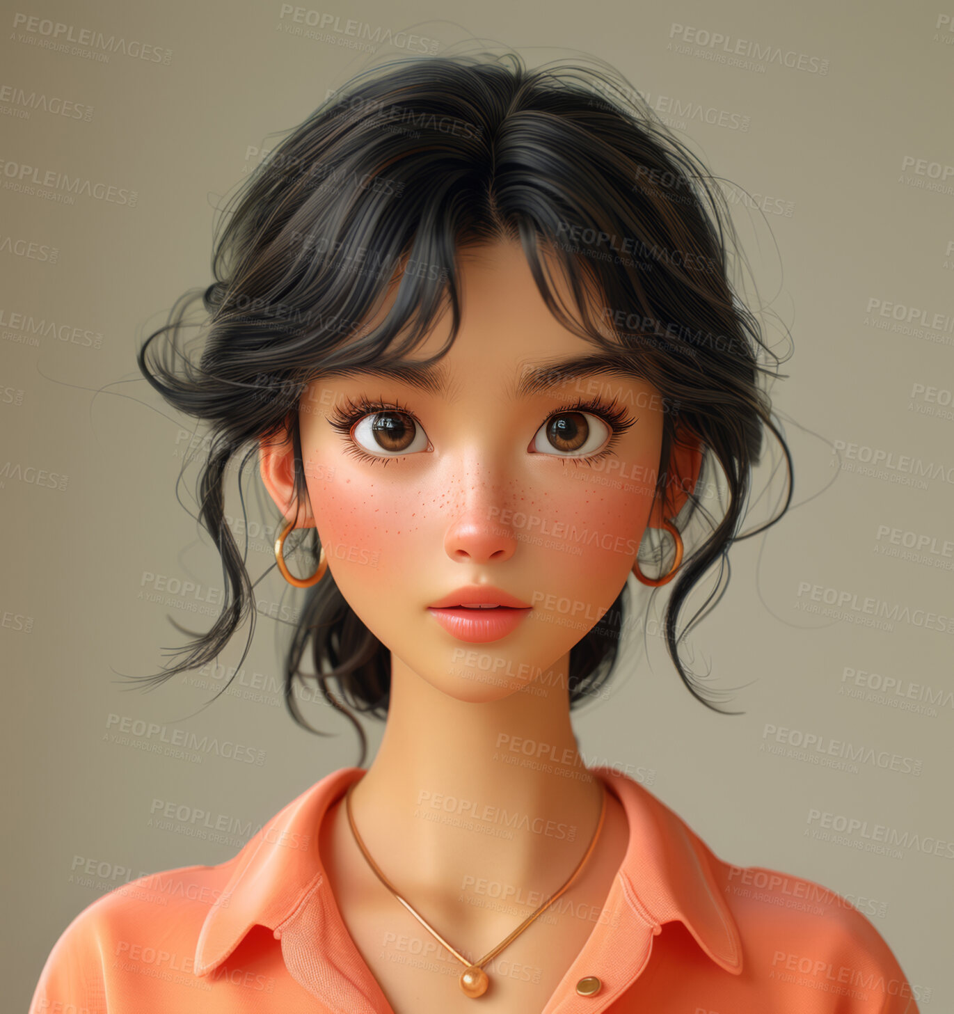 Buy stock photo Cartoon girl, 3D and illustration for animation on backdrop. Character or studio concept for mock up. Realistic, innovative rendering. Graphic, design and creative inspiration in cutting-edge visuals.