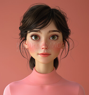 Cartoon girl, 3D and illustration for animation on backdrop. Character or studio concept for mock up. Realistic, innovative rendering. Graphic, design and creative inspiration in cutting-edge visuals.