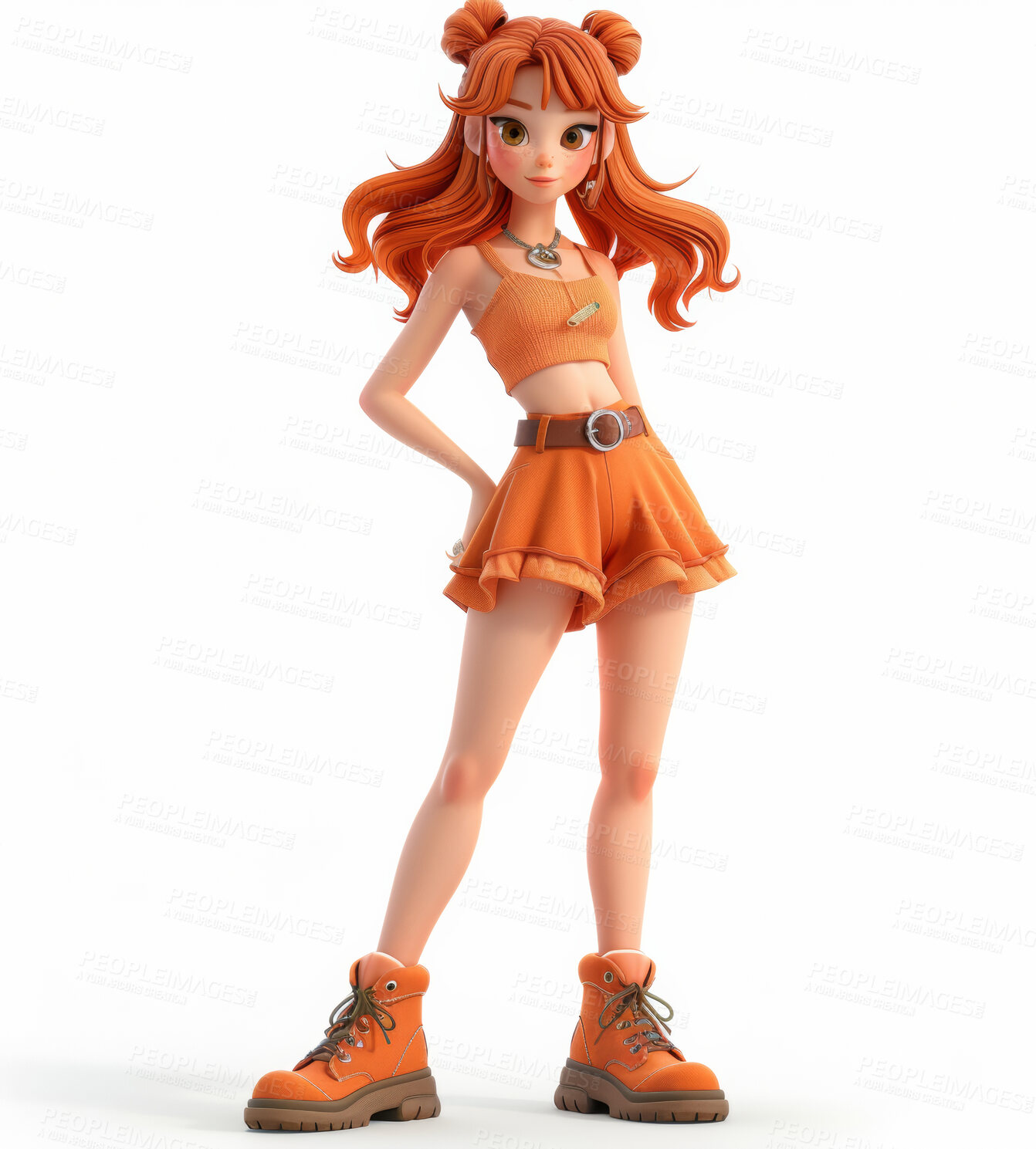 Buy stock photo Cartoon girl, 3D and illustration for animation on backdrop. Character or studio concept for mock up. Realistic, full body pose. Graphic, design and creative inspiration in cutting-edge visuals.