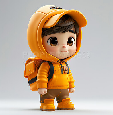 Cartoon, backpack and illustration for animation or delivery in 3d. Character or concept for mock up. Realistic, innovative rendering. Graphic, design and creative inspiration in cutting-edge visuals.