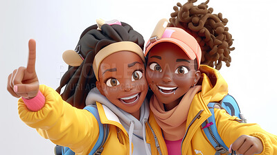 African female, 3D and illustration for animation, happy or friendship concept for mock up. Realistic, innovative rendering. Graphic, design and creative inspiration in cutting-edge visuals.