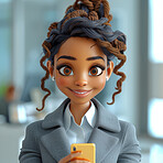 Cartoon, 3D and black female for animation, character or portrait concept for mock up. Realistic, innovative rendering. Graphic, design  and creative inspiration in cutting-edge visuals.