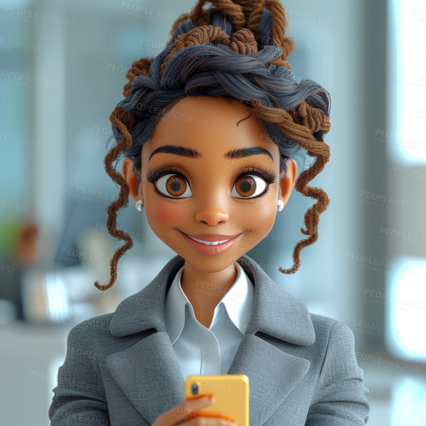 Buy stock photo Cartoon, 3D and black female for animation, character or portrait concept for mock up. Realistic, innovative rendering. Graphic, design  and creative inspiration in cutting-edge visuals.