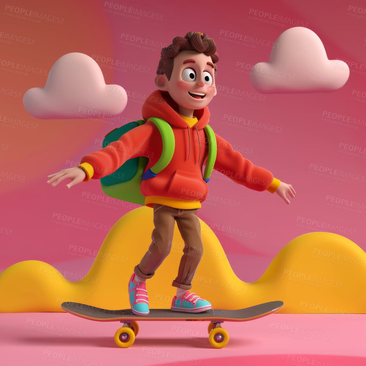 Buy stock photo 3d, cartoon and skater for social media on backdrop. Character or youth concept for mock up. Realistic, illustration rendering. Graphic, design and creative inspiration in cutting-edge visuals.