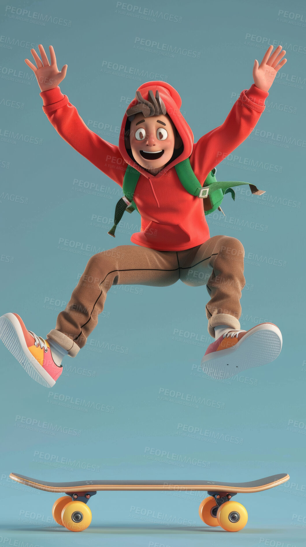 Buy stock photo 3d, cartoon and skater for social media on backdrop. Character or youth concept for mock up. Realistic, illustration rendering. Graphic, design and creative inspiration in cutting-edge visuals.