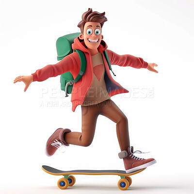 Buy stock photo 3d, cartoon and skater for social media on backdrop. Character or youth concept for mock up. Realistic, illustration rendering. Graphic, design and creative inspiration in cutting-edge visuals.
