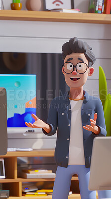 3d, cartoon and influencer for social media on backdrop. Character or studio concept for mock up. Realistic, illustration rendering. Graphic, design and creative inspiration in cutting-edge visuals.