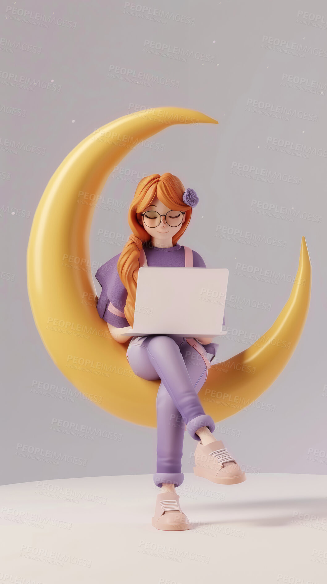 Buy stock photo 3d, cartoon and influencer for social media on crescent. Character or studio concept for mock up. Realistic, illustration rendering. Graphic, design and creative inspiration in cutting-edge visuals.